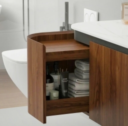 Vonios kambario spintelė su praustuvu OLIVE 90 ruda pakabinama su įleidžiamu praustuvu